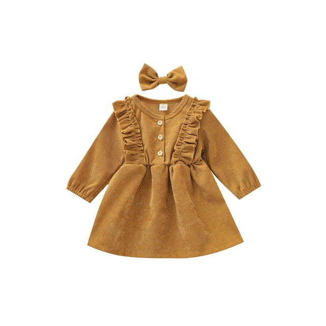 Kmbangi Bébé Fille Taille Haute Volant Boutons Princesse Robe Plissée Bandeau
