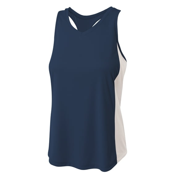 A4 Womens 100% Polyester Interlock Fabric Athletic Performance The Pacer Tank Top, NAVY/WHITE, X-Large, NW2009