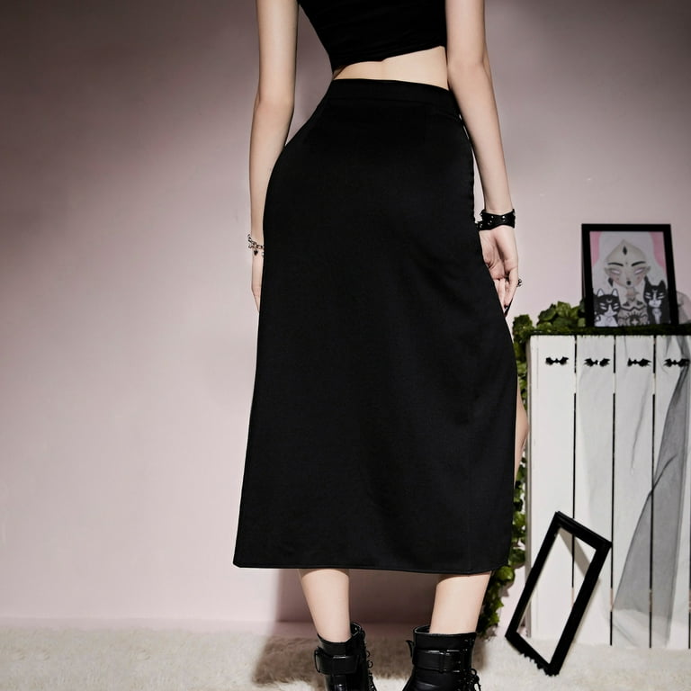 【WOOHWA】SHIRRING SLIT LONG SK Goth Double Slit Maxi Skirt for Women Punk Black See Through