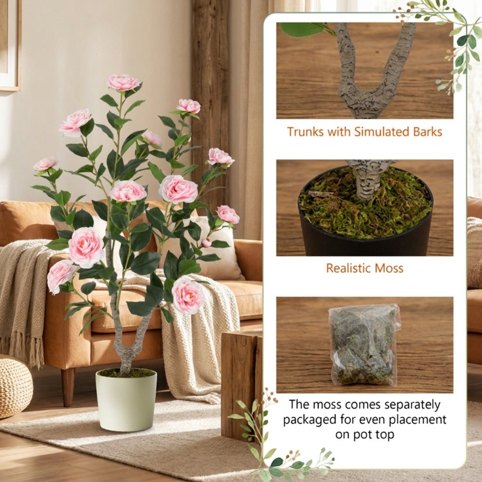 SUGIFT 36 Inch Artificial Camellia Tree with Blooming Flower, 2 Pack Faux Pink Flower Plant in Pot for Living Room Bedroom Decor, Pink + Green,