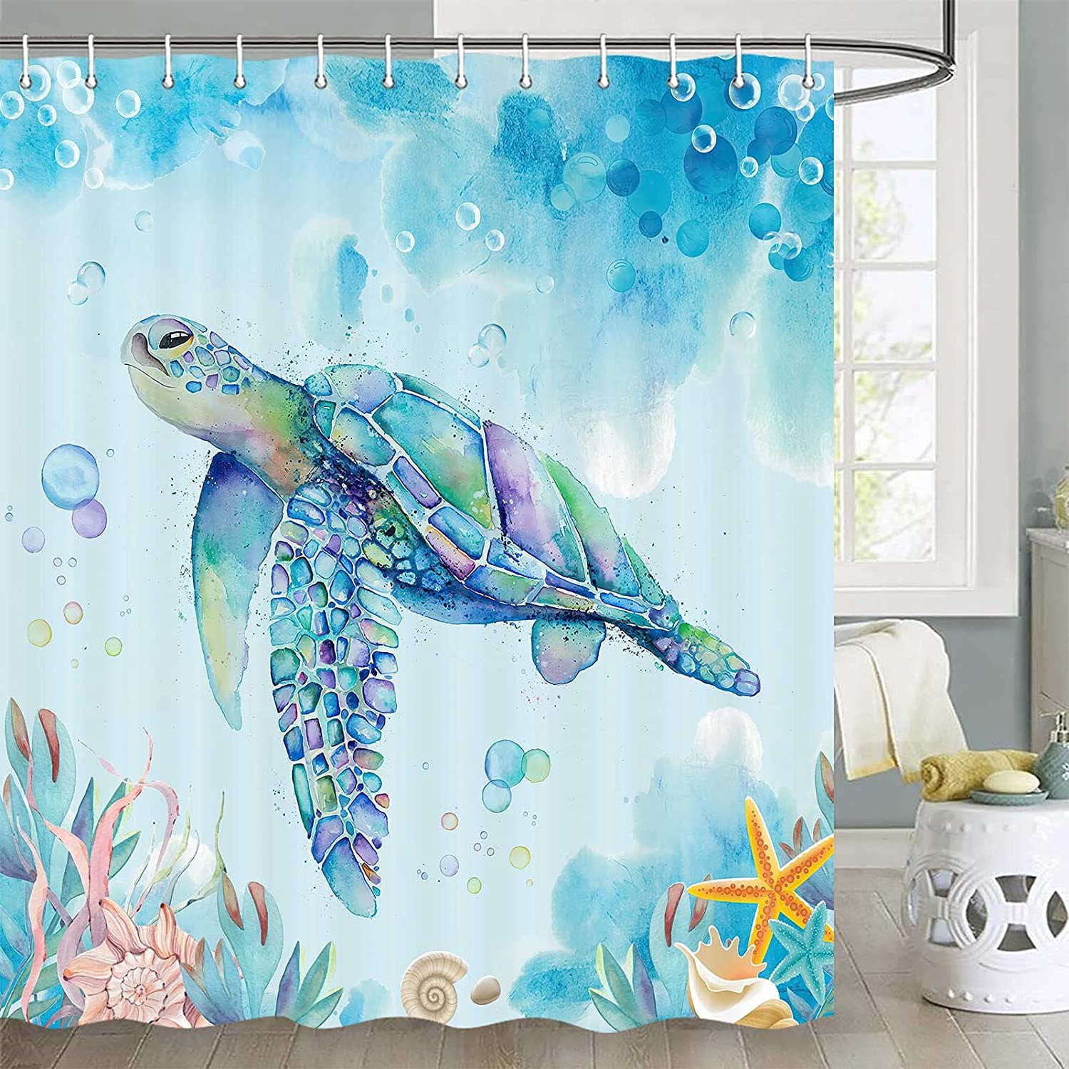 Shallow Sea Swimming Turtle Shower Curtain Bathroom Decor Fabric & 12hooks 71 In 