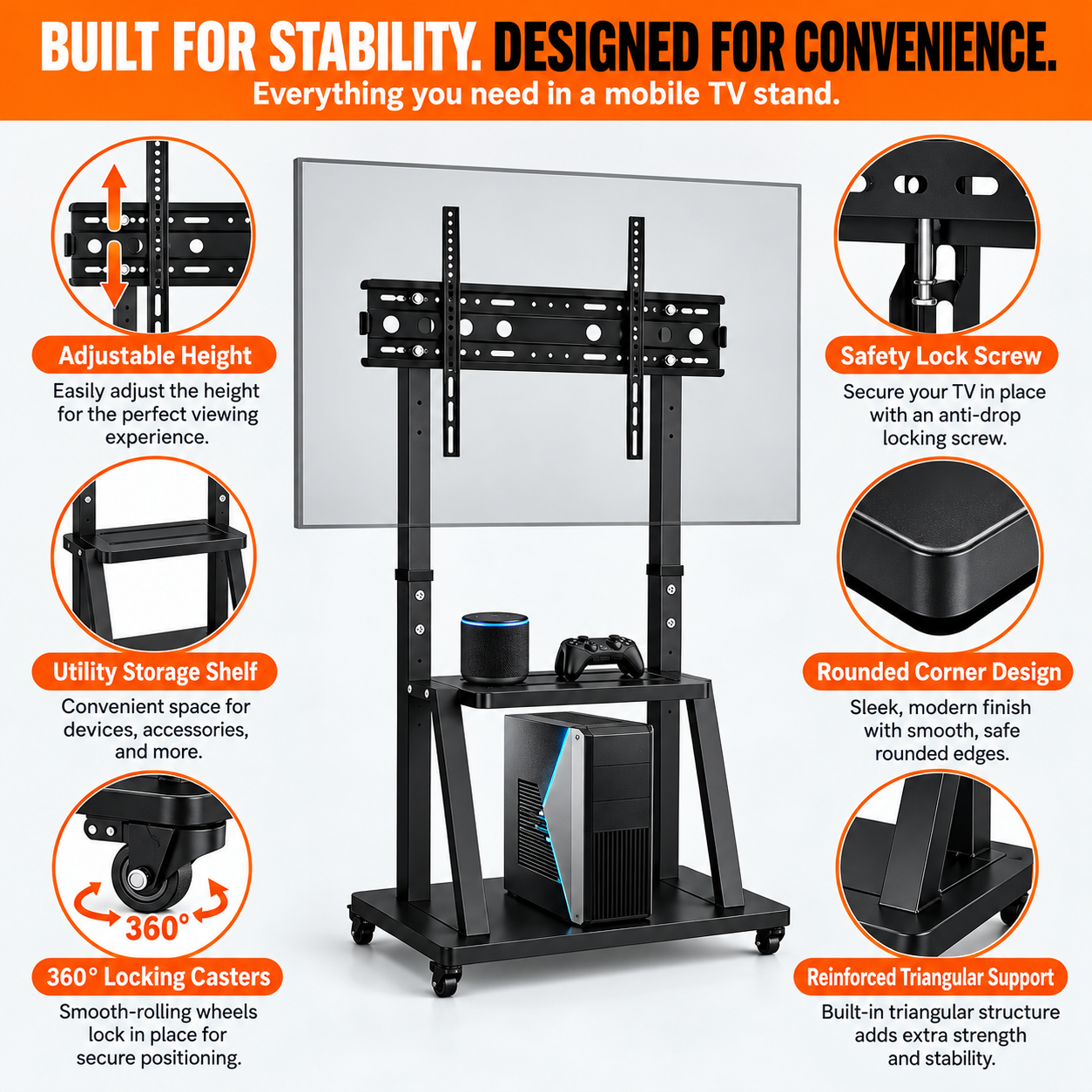 JaxSteam Height-Adjustable Rolling TV Stand for 32–75" TVs photo 2