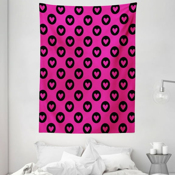Hot Pink Tapestry, Cute Pink Hearts inside Big Black Spots Pattern in Symmetric Order Girlish Love, Wall Hanging for Bedroom Living Room Dorm Decor, 60W X 80L Inches, Magenta Black, by Ambesonne