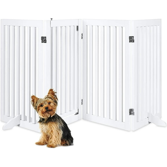 31.5in 4-Panel Freestanding Wooden Pet Gate w/Walk Through Door, Adjustable Pen, Support Feet - White