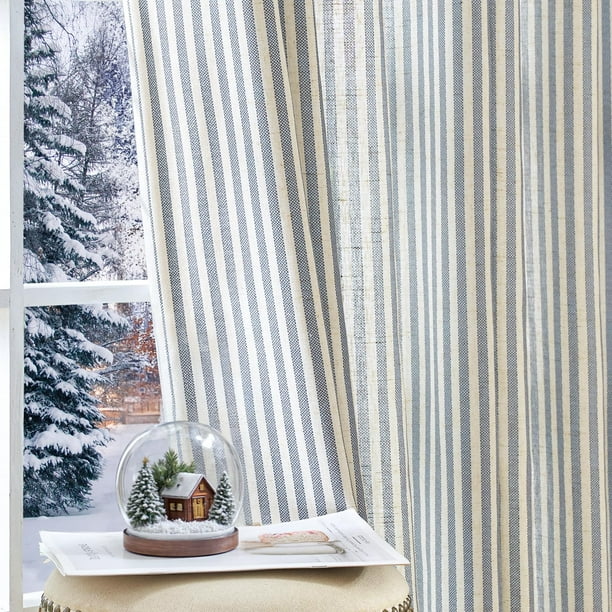 Cortinas jinchan de mezcla de lino a rayas azul/beige 214x213 cm 2 paneles