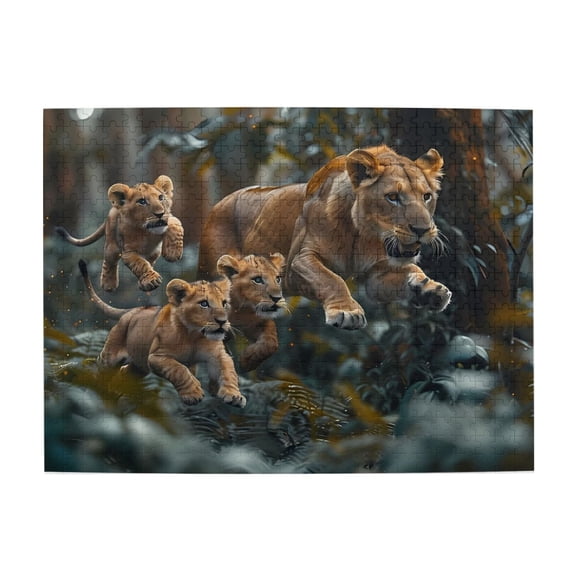 500-Piece Wooden Jigsaw Puzzle for Adults - Lioness And Cubsss Running , Interlocking Pieces with Guide Letters, Holiday Gift & Home Decor