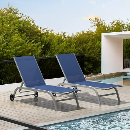 AngLink Chaise Lounge Outdoor Set of 2, Lounge Chairs for Outside with Wheels, Outdoor Lounge Chairs with 5 Adjustable Position, Pool Lounge Chairs for Patio, Beach, Yard, Deck, Poolside, Blue