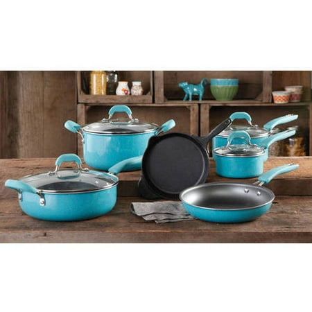 The Pioneer Woman Vintage Speckle 10-Piece Non-Stick Pre-Seasoned Cookware Set, Turquoise