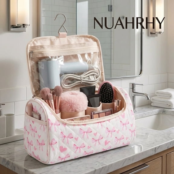 NUAHRHY Travel Makeup Bag with Handle, Cosmetic Organizer Bag Toiletry Bag for Women Girls, Cute Travel Essentials Case with Compartments, Vertical Make up Storage Bag Hair Dryer Holder