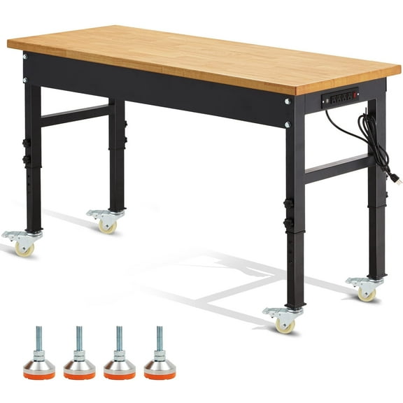 RIEDHOFF Adjustable Workbench, 60 inch Rolling Heavy Duty Worktable, with Power Outlet and Wheels