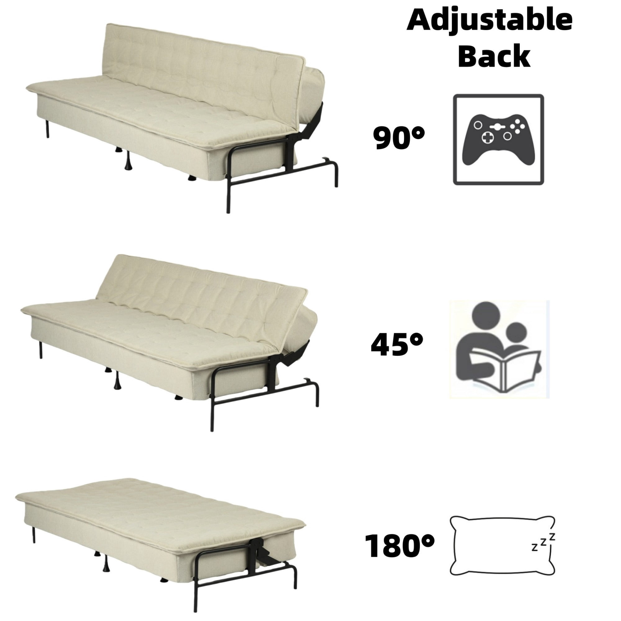 BSHTI 76" Linen Futon Sofa Bed – 3 Adjustable Backrest Angles, Convertible Couch, Metal Frame with Anti-Slip Feet, Space-Saving for Apartment Living Room Small Space，Beige