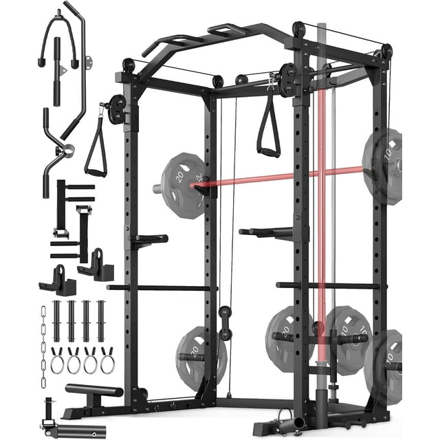 GARVEE Power Cage Home Gym,2000lbs Multi-Function Squat Rack with Cable Crossover,Pull-Up & Dip Station,LAT-Pull Down System,Workout Cage with More Attachments,Black