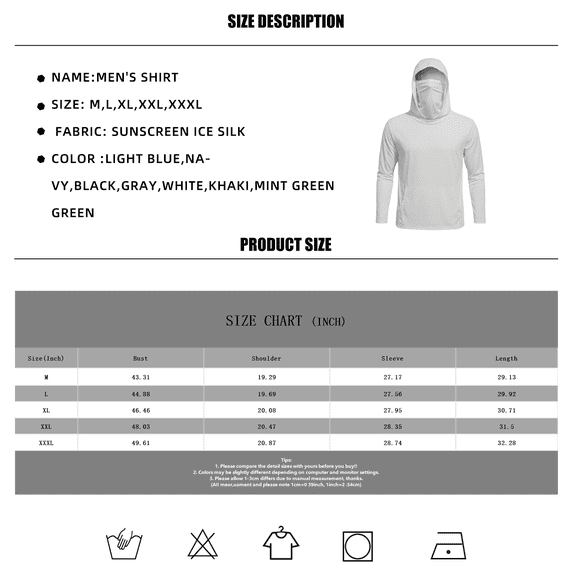 Mens Long Sleeve Sun Protection Shirts UV Spf Upf 50+ Rash Guard Shirt Long Sleeve Performance Fishing Hiking Shirt Cooling Hoodies with Face Cover,Mint Green XL