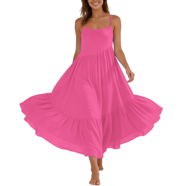 TaTaai Women's 2026 Summer Spaghetti Strap Ruffled Asymmetric Solid Maxi Dress Loose Beach Sundress for Daily & Vacation Gift