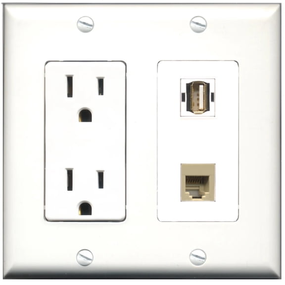 Ultra Spec Cables 15 Amp Power Outlet 1 Port USB A/A 3.0 Phone Wall Plate w/Female/Female Jacks