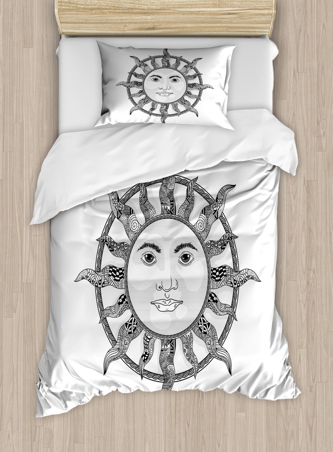 Sun Duvet Cover Set Twin Size, Monochrome Ornamental Zentangle Heavenly