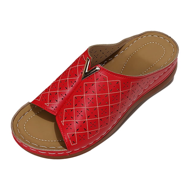 eczipvz Walking Shoes Women Ladies Fashion Summer Rhinestone Decorative Pullover Toe Buckle Flat Sandals,Red