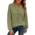 thumbnail image 6 of Craaazy Women's Long Sleeve Waffle Knit Top Solid Color Crewneck Pullover Loose Fit Button Detail Casual Comfort Shirt Gifts, 6 of 9