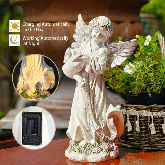 Solar Garden Statues for Outside, Angel Statue with LED Lights, Garden Flower Fairy Sculpture with Watering – Lawn Decor for Patio, Balcony, Yard Ornament - Unique Housewarming Gifts, Mum Gift