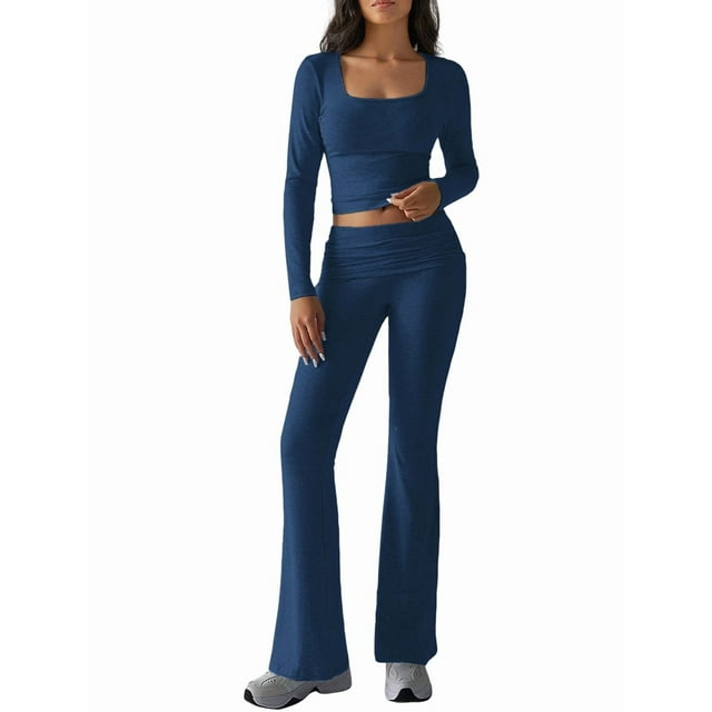 2 Piece Square Neck Lounge Set Womens Wide Leg Pants Slightly Crop Top Sweatsuit Sets Royal Blue S