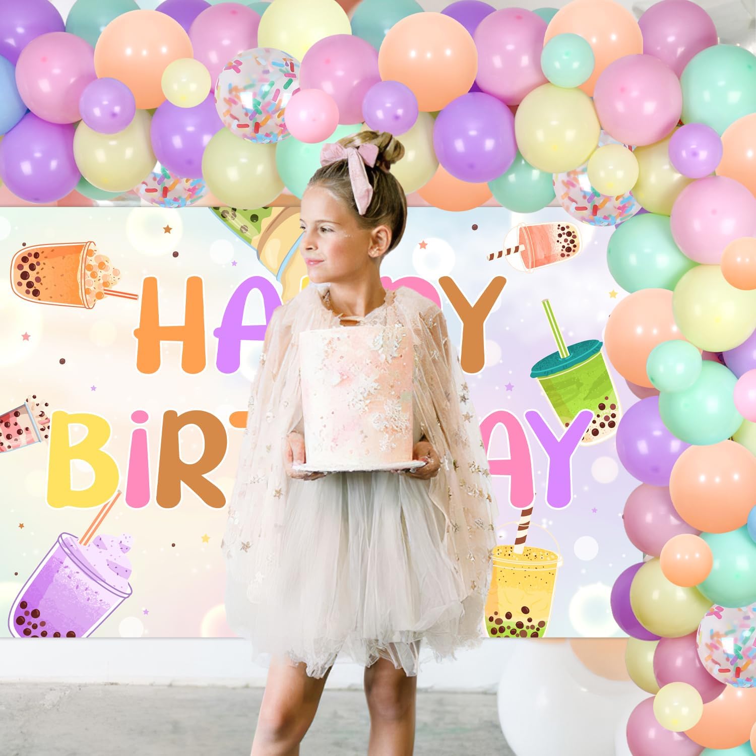Boba Tea Birthday Party Decorations Milk Tea Happy Birthday Backdrop Macaron Rainbow Balloon Garland Arch Kit for Boys Girls Birthday Party Decor Supplies