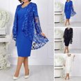 thumbnail image 2 of Quixlent 2 Pcs/Set Women Coat Dress Suit Long Sleeves Mid Length Lace Cardigan Short Sleeves Rhinestone V Neck Midi Dress Formal Business Style Banquet Outfit, 2 of 8