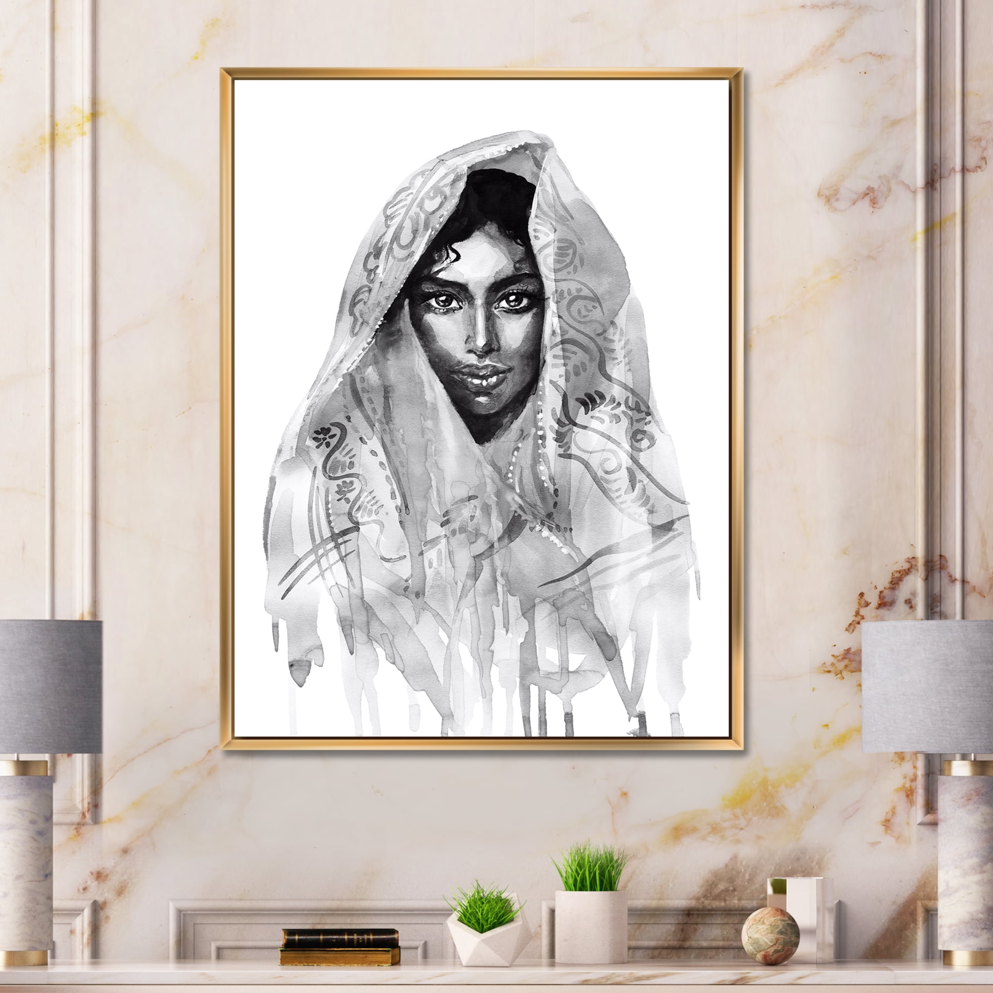 Designart 'Black and White Portrait of Young Indian Woman I' Modern Framed Canvas Wall Art Print