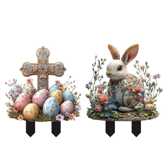 Estatuilla de letrero de patio de Pascua decoración de Pascua al aire libre para porche patio trasero 1x Cruz 1x Conejo