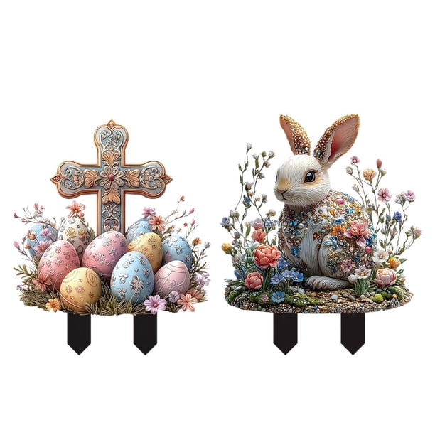 Estatuilla de letrero de patio de Pascua decoración de Pascua al aire libre para porche patio trasero 1x Cruz 1x Conejo