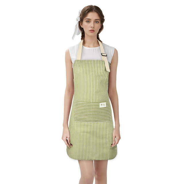 TOPTIE Cotton Linen Apron for Kitchen Chef Waiter/Waitress Apron with Adjustable Strap and 2 Pockets-Green