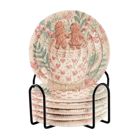 6 Pcs Drink Coasters with Holder 3.94in Woven Coasters for Drinks Cute Christmas Design Coaster Set for Protection Table