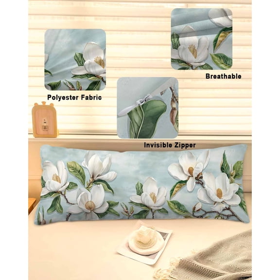 Botanical Flowers Throw Pillow Covers, Country Magnolia Leaves Branches Soft Breathable Pillow Cases with Invisible Zipper for Sleeping, Long Body Pillowcases for Couch Bed Sofa Chair 20x54 Inches