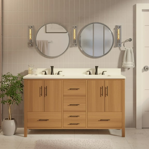 California 60" Double Bathroom Vanity with Blonde Veneer Cabinet and Matte White Top