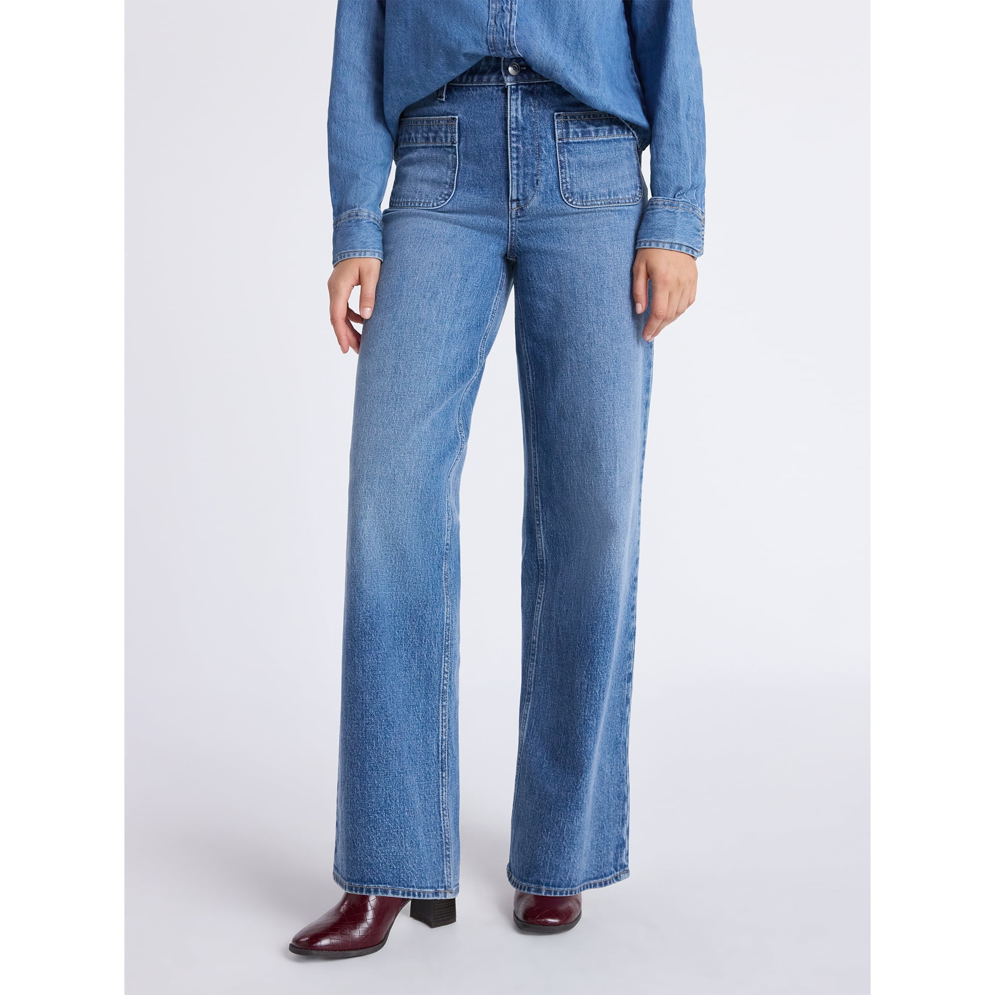 Free Assembly Women's and Women's Plus Wide Leg Jeans with Patch Pockets, 30", 32", and 34" Inseams, Sizes 0-26 Plus