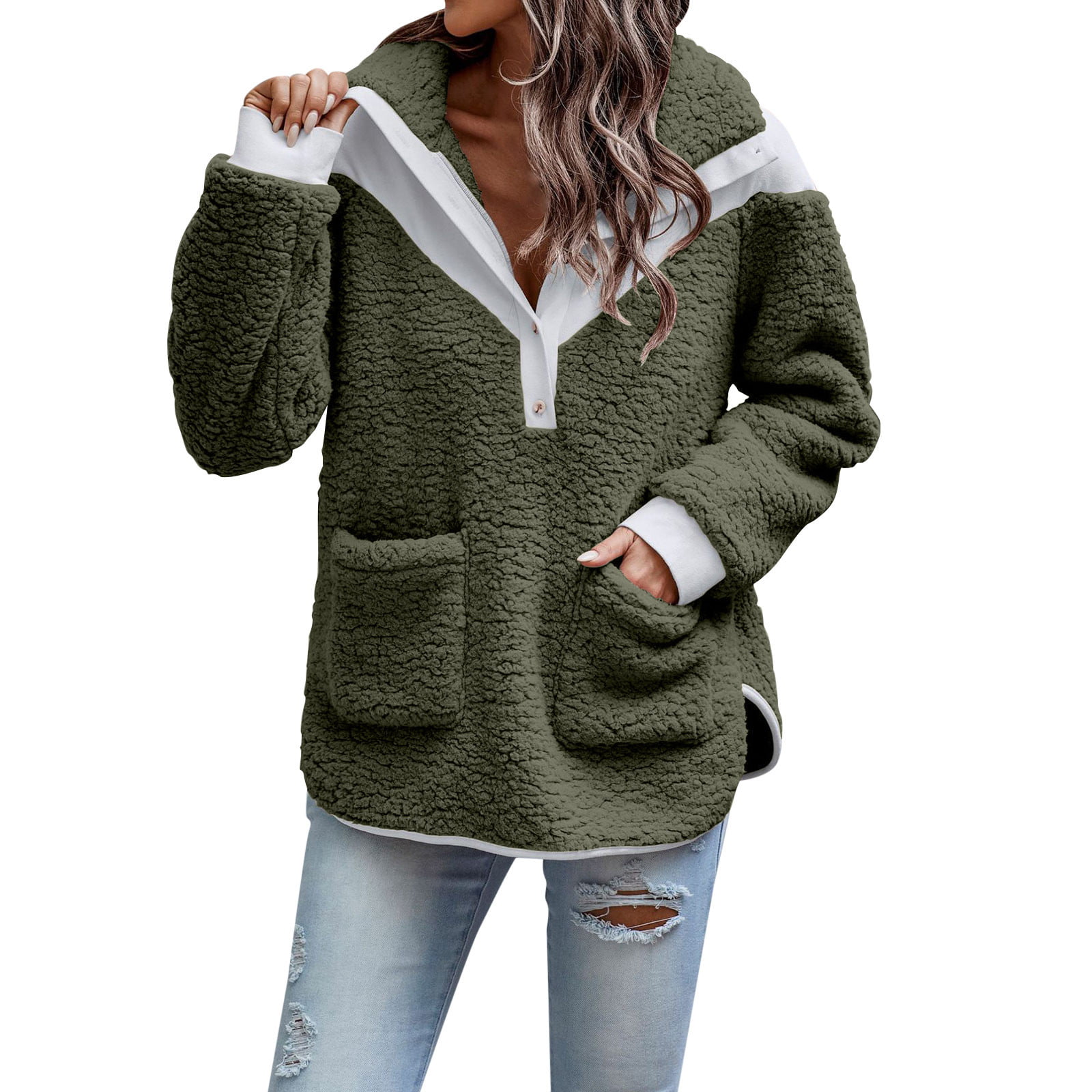nsendm Juniors Casual Jackets Womens Long Sleeve Color Contrast Zip  Pullover Top Wool Womens Wear to Work Jacket Women Coat Army Green X-Large