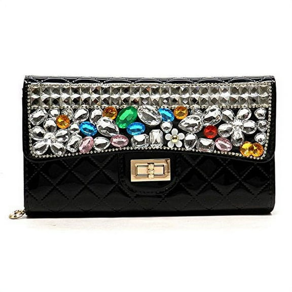 2Chique Boutique Women's Quilted Gemstone Embellished Evening Bag (Black)