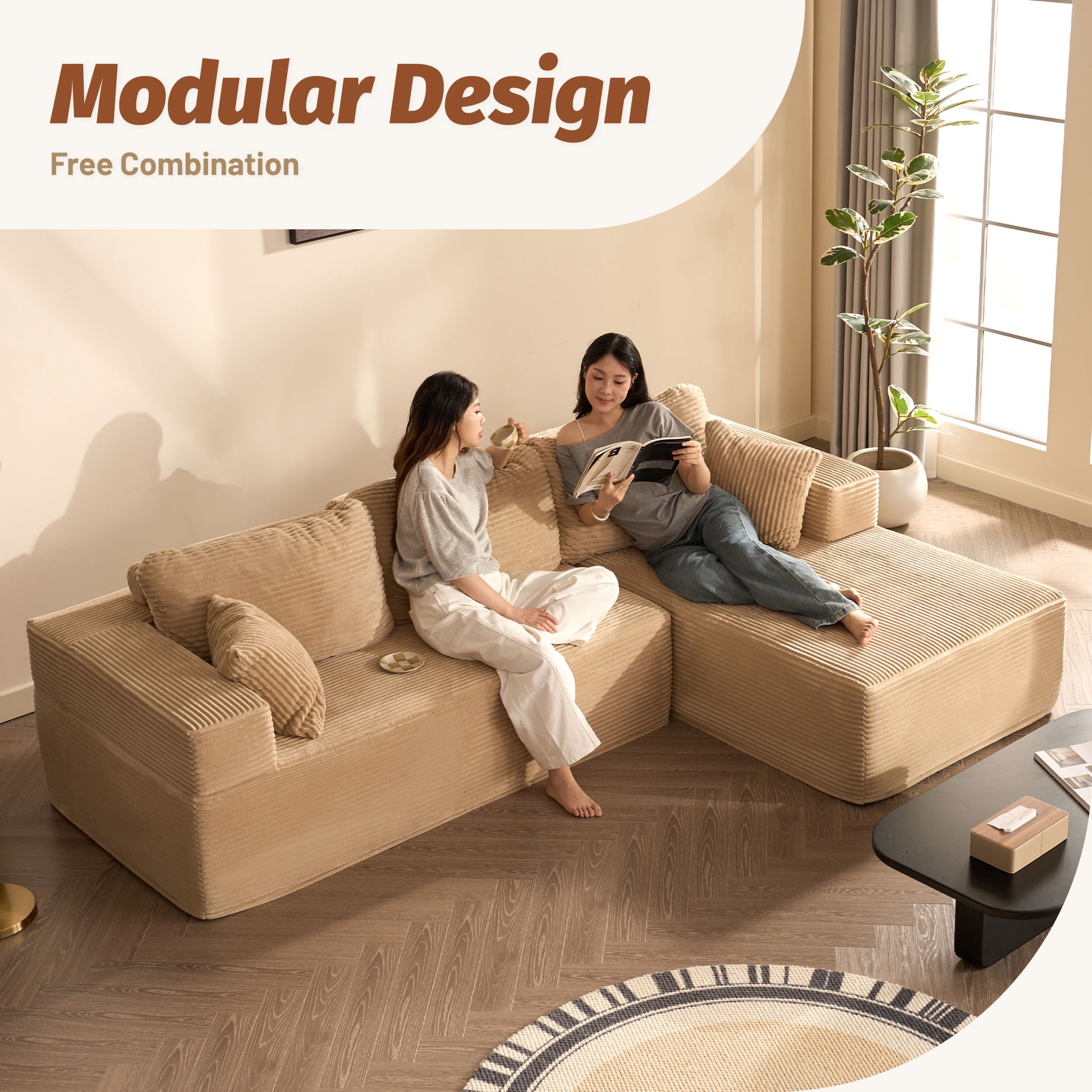 LAKPS 107" L-Shaped Right Modular Boneless Sofa, Deep Seat Corduroy Couch for Adults, No Assembly Required (2 Packages), Camel