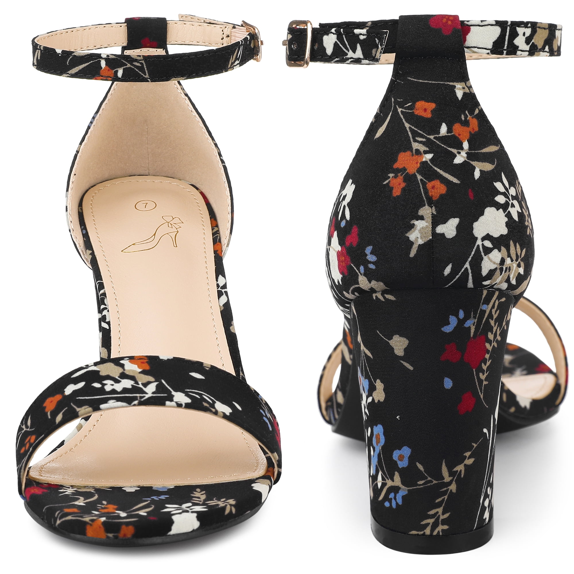 DARING DIVA Women's Floral Open Toe Ankle Strap Chunky Heel Sandals Black 7.5