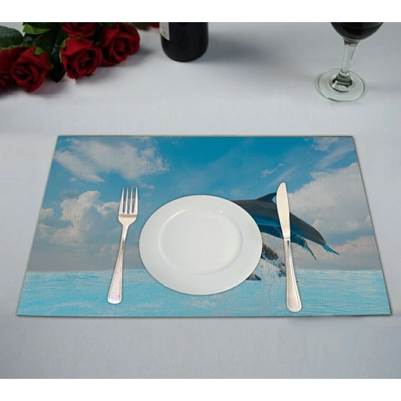 EREHome group of jumping dolphins beautiful seascape Placemat Table Mat Cup Mat 12x18 inch,Set of 2