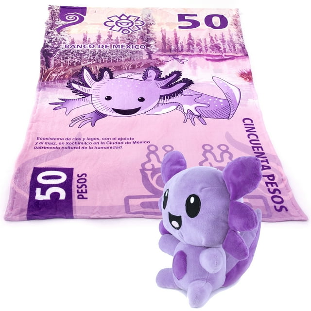 Frazada y Peluche de Ajolote Cobija Billete $50 pesos Individual Mi Mantita Mx Frazada