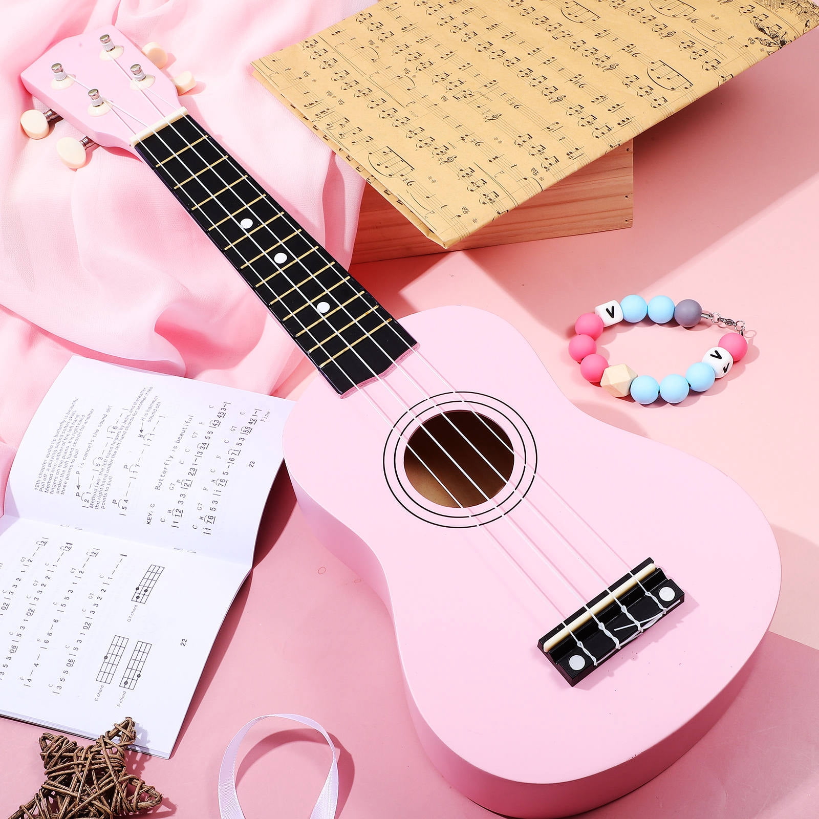 FONDOTIN Pink Ukulele 21 Inch For Kids With Crisp Melodious Sound And Nylon Strings 1 Set