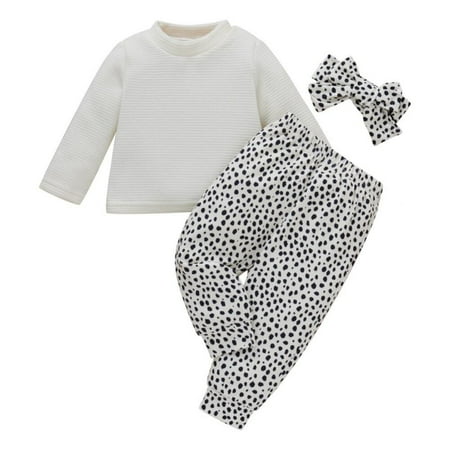 

Baby Solid Color Top Leopard Print Pants Hairband Fall Clothes Set
