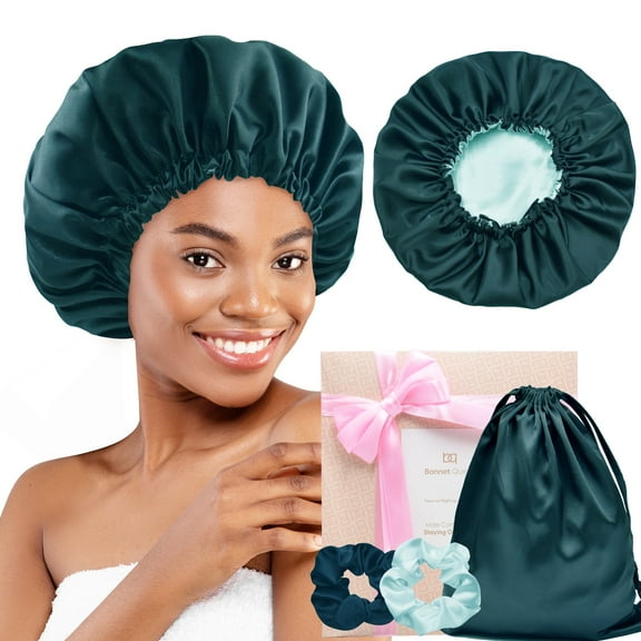 Silk Satin Bonnet Double Layer Reversible Hair Bonnet Elastic Sleep Cap with 2 Scrunchies & 1 Satin Bag Green