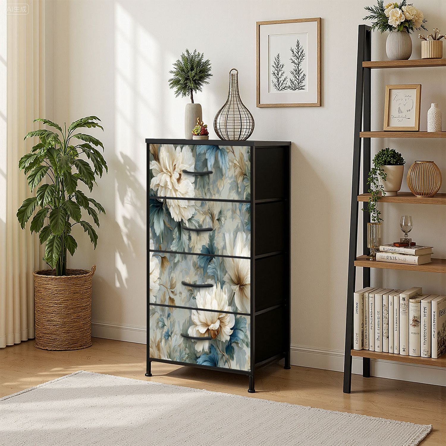 Vintage Dresser for Bedroom with 4 Storage Drawers Elegant Cream Peony Flowers Blue Beige Leaves Vintage Floral Dressers Chest of Drawers Steel Framed Fabric Closet Organizers for Nursery Entryway