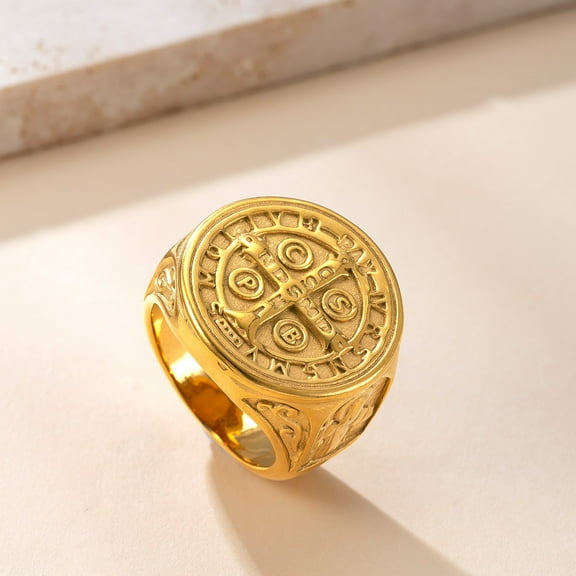 Exorcism Saint Benedict Cspb Cross Men Rings Punk Hip Hop for Boyfriend Male 14K Yellow Gold Jewelry Creativity Gift