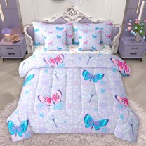 Homewish Flying Dragonflies Butterflies Bedding Comforter Set 7pcs for Boys Girls,Spring Garden Queen Bedding Sets Super Cozy,Chic Flowers Queen Sheet Sets,Microfiber Bedroom Decor,Reversible