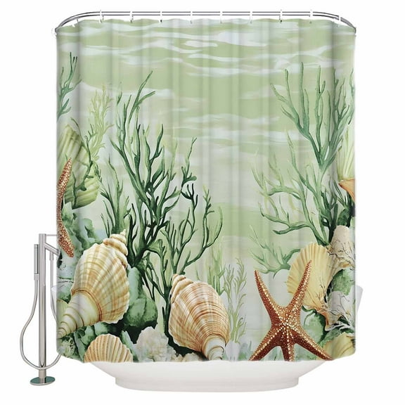 Extra Long Shower Curtain 72x84 Inch, Sage Green Coastal Shower Curtain Waterproof Bathroom Decor Ocean Wave Starfish Shell Coral Fabric Bath Curtain Set Accessories with Hooks