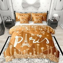 Manfei Orange Sequin Print 7-Piece Bedding Comforter Set for Teens, Romantic Anniversary Paris King Bedding Sets, Eiffel Tower Reversible Bed Sheets, Luxury Bedroom Decor