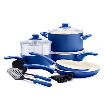 GreenLife Batterie de Cuisine 12 Pcs en Céramique Antiadhésive Saine à Prise Souple, Sans PFAS, Va au Lave-Vaisselle, Bleu