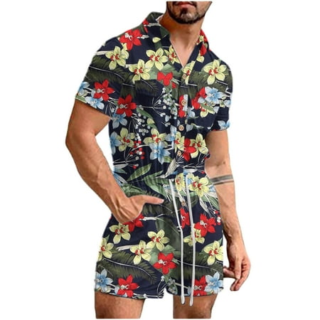 

2023 Savings New Arrival! AXXD Boys Suit Pocket Turndown Hawaii Print Button Placket Siamese Suit Dark Blue 8